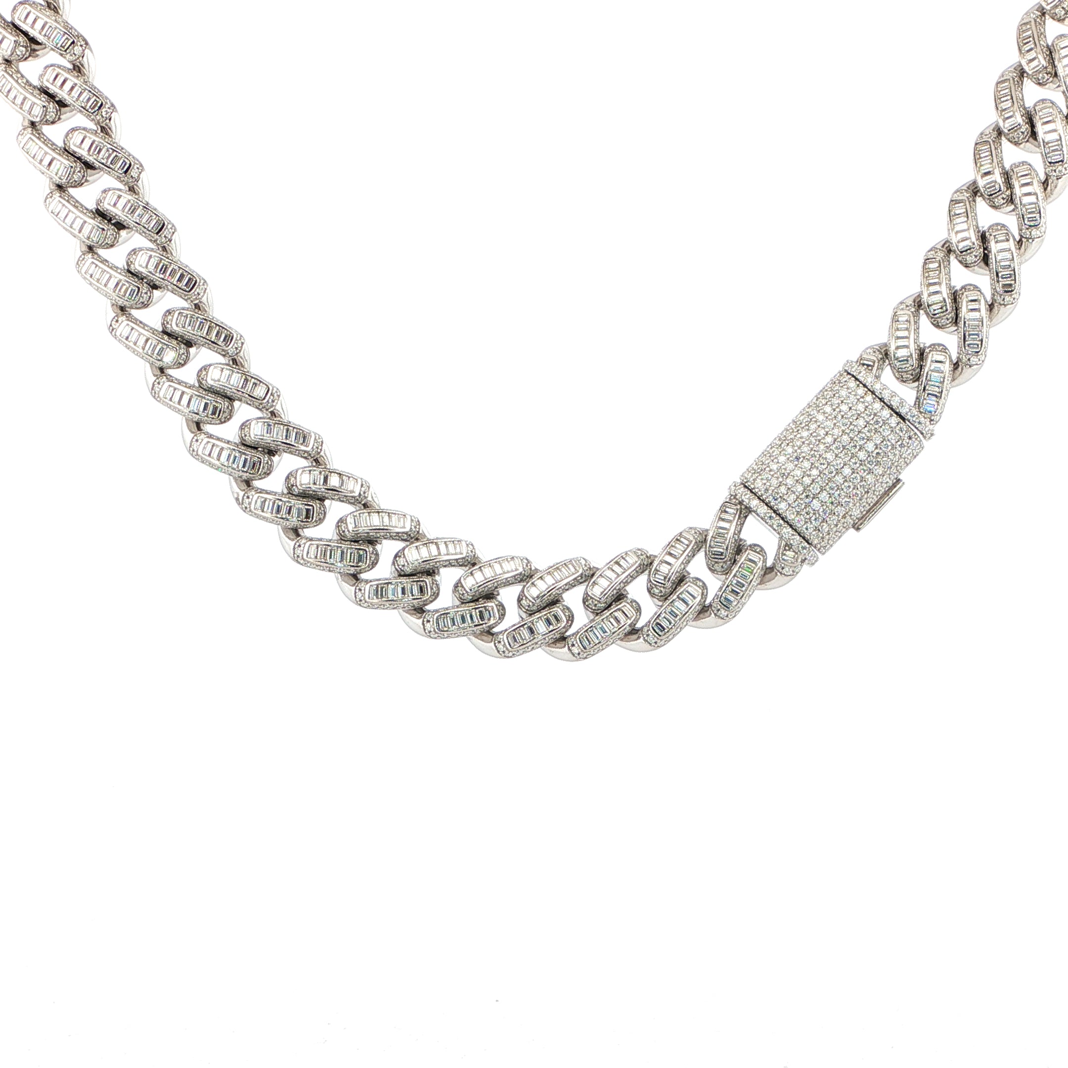 925 sterling silver baguette Cuban link chain with pavé box clasp 16MM VVS moissanite