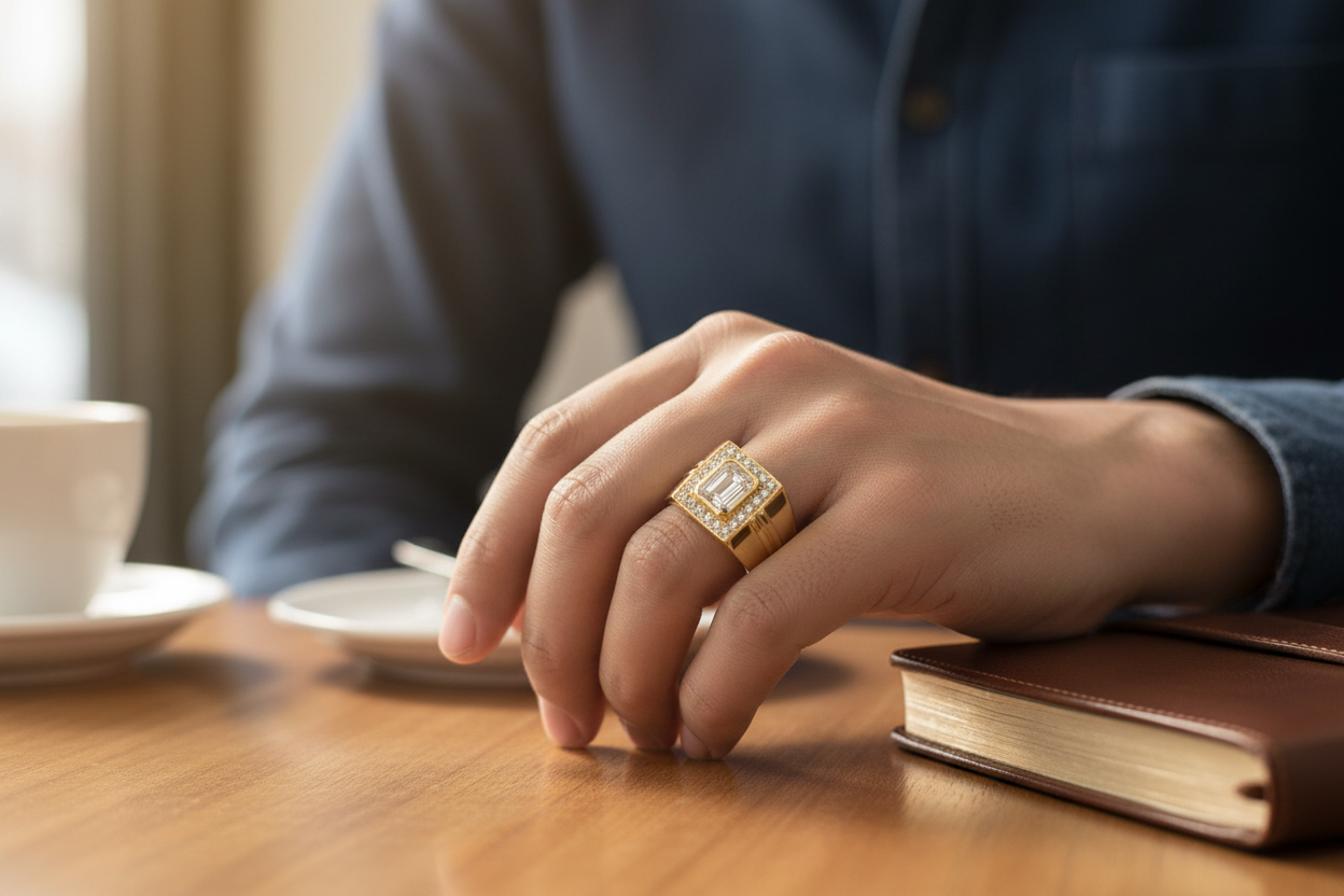 Emerald Cut Halo Ring with Moissanite Stones Hand Model