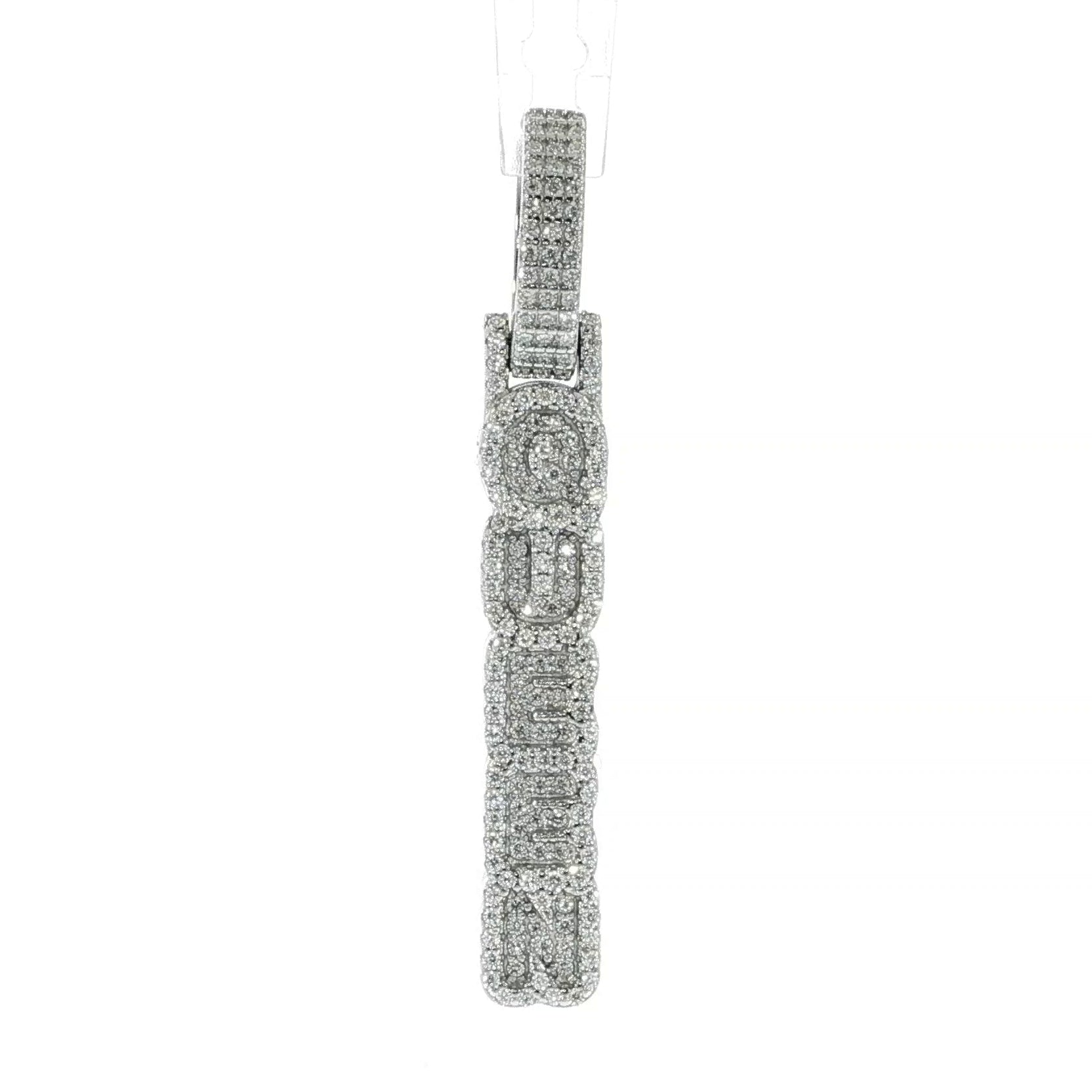 Iced Queen lettering pendant crafted in sterling silver with 0.75 CTW VVS moissanite.