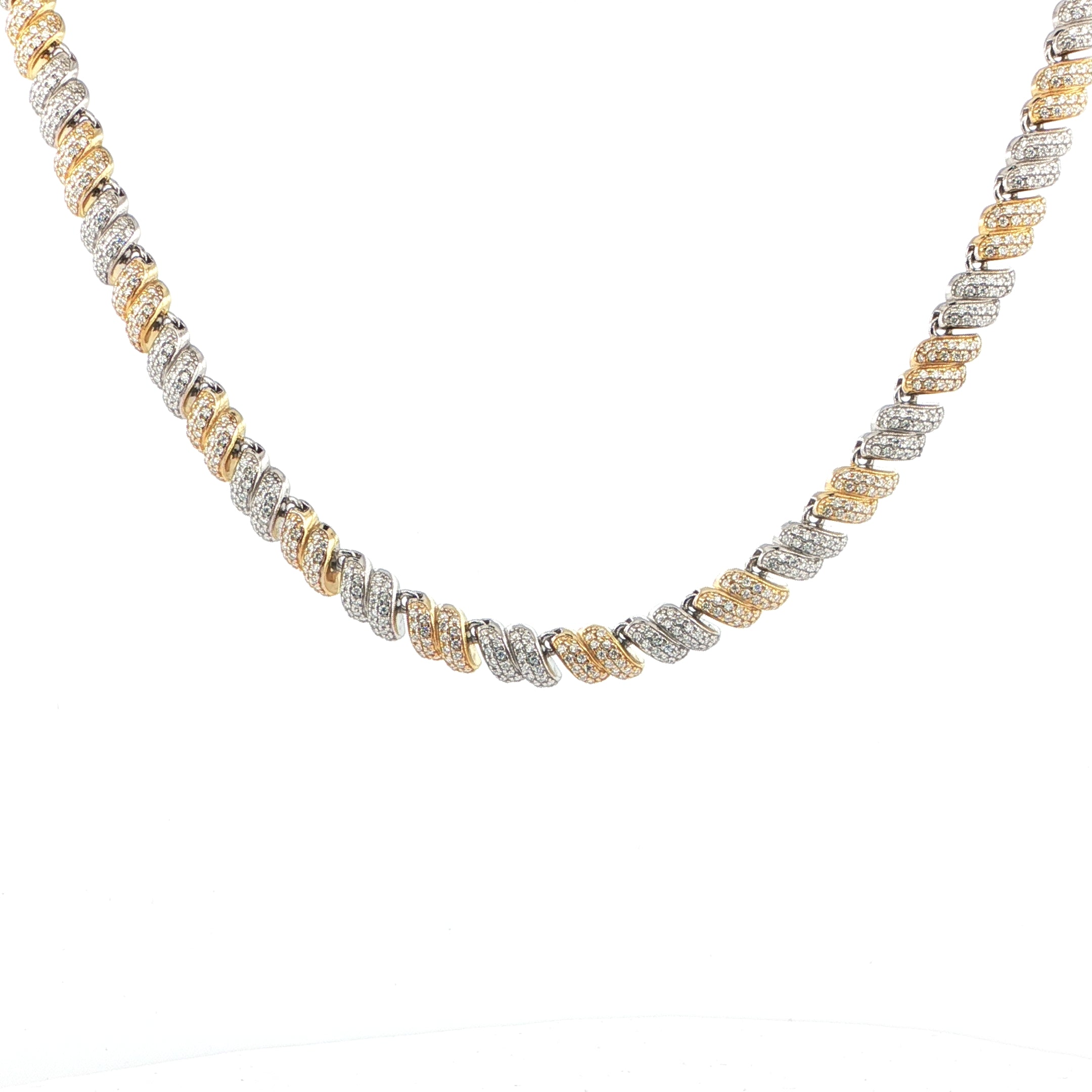 Two-tone twisted spiral link necklace crafted from solid 925 sterling silver with VVS moissanite