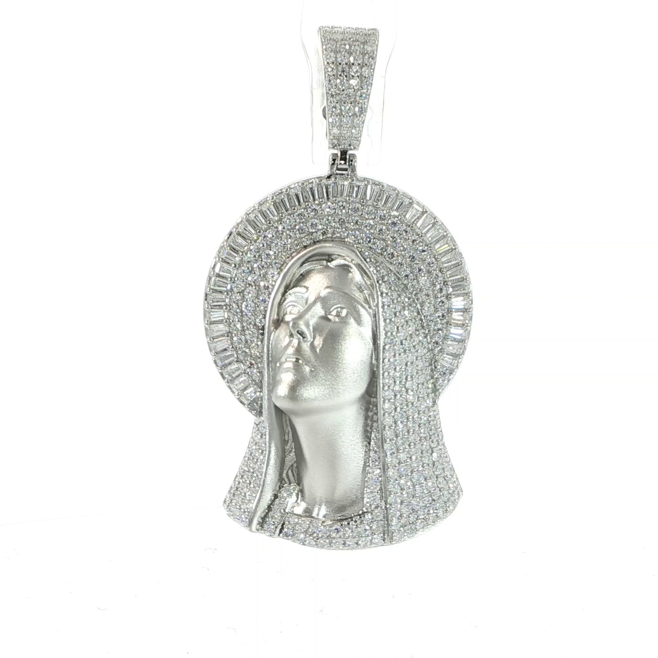 925 sterling silver Virgin Mary detailed face pendant featuring 6.58 CTW VVS moissanite.