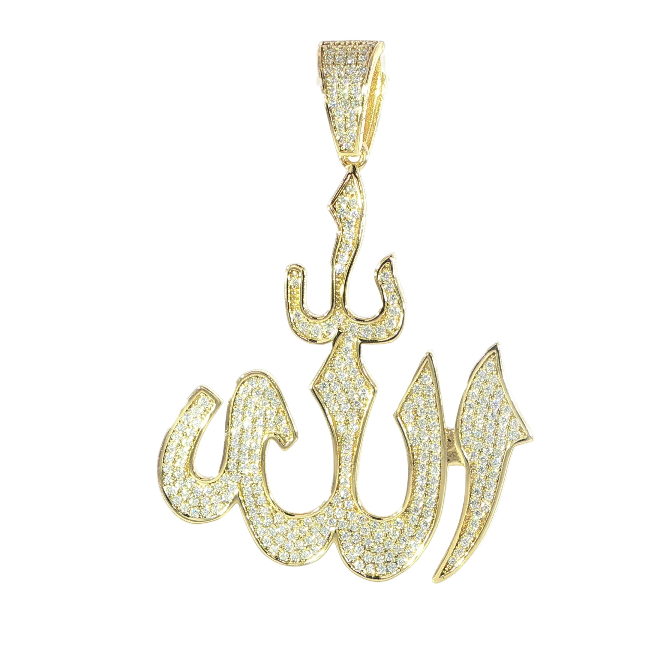 Front view of 925 Sterling Silver VVS Moissanite Iced-Out Allah Pendant