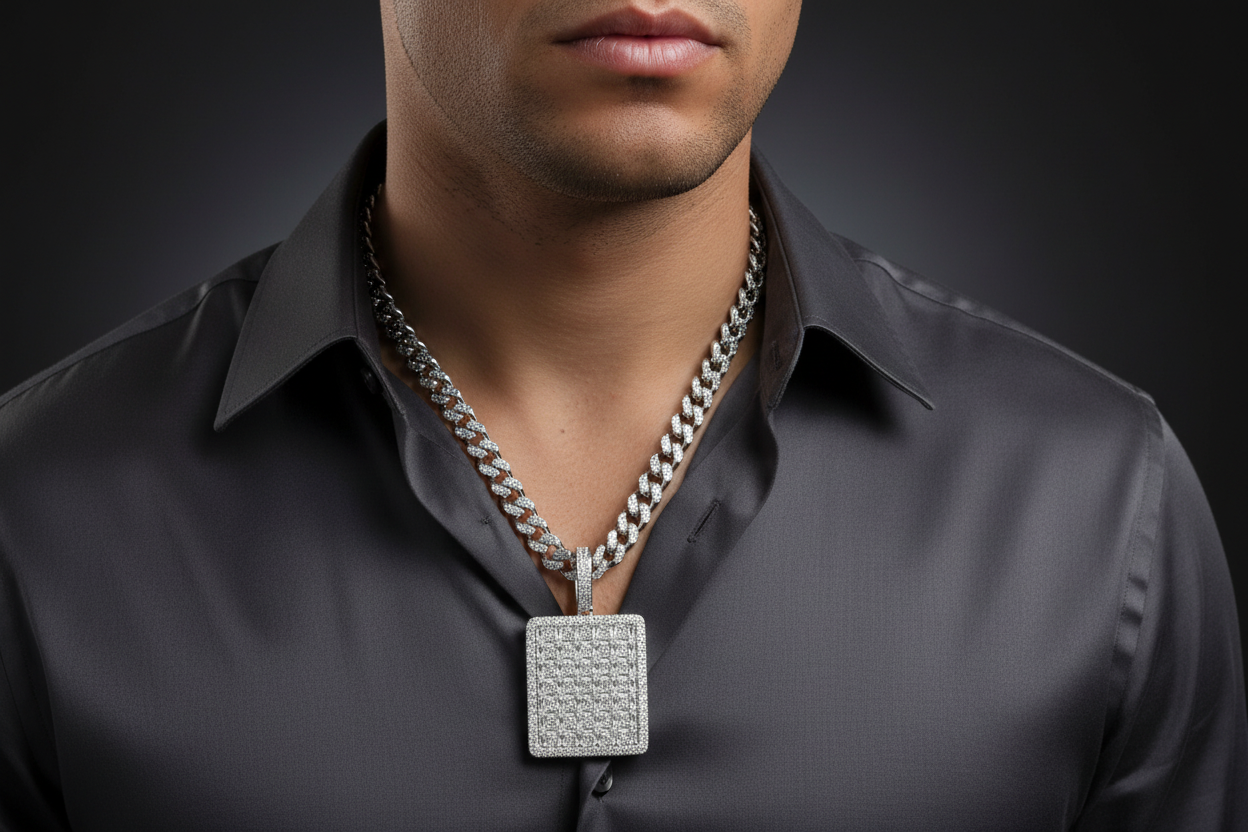 Sterling Silver Invisible Set Moissanite Square Pendant