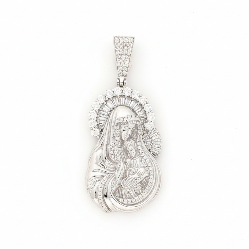 Virgin Mary Holding Baby Jesus Pendant in Sterling Silver