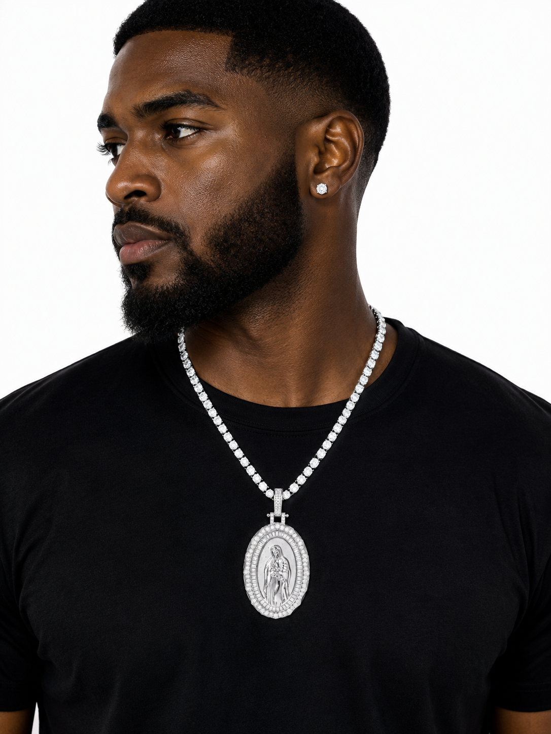 Virgin Mary Religious Medallion Pendant in Sterling Silver