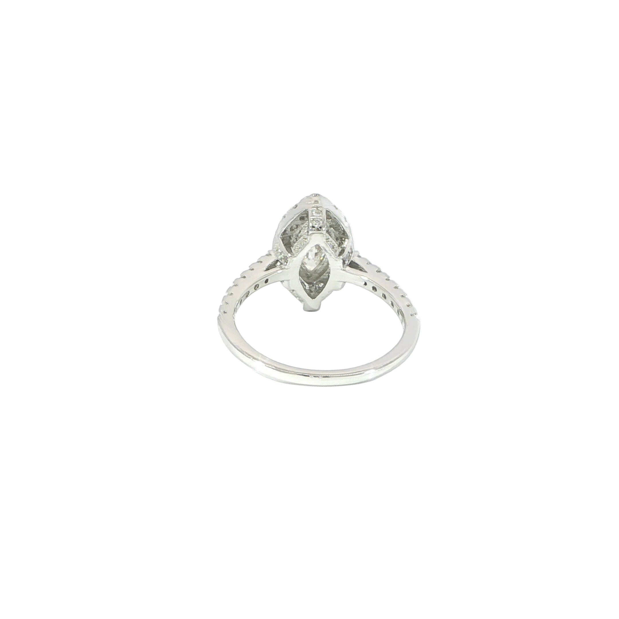 Back of sterling silver marquise moissanite ring with halo
