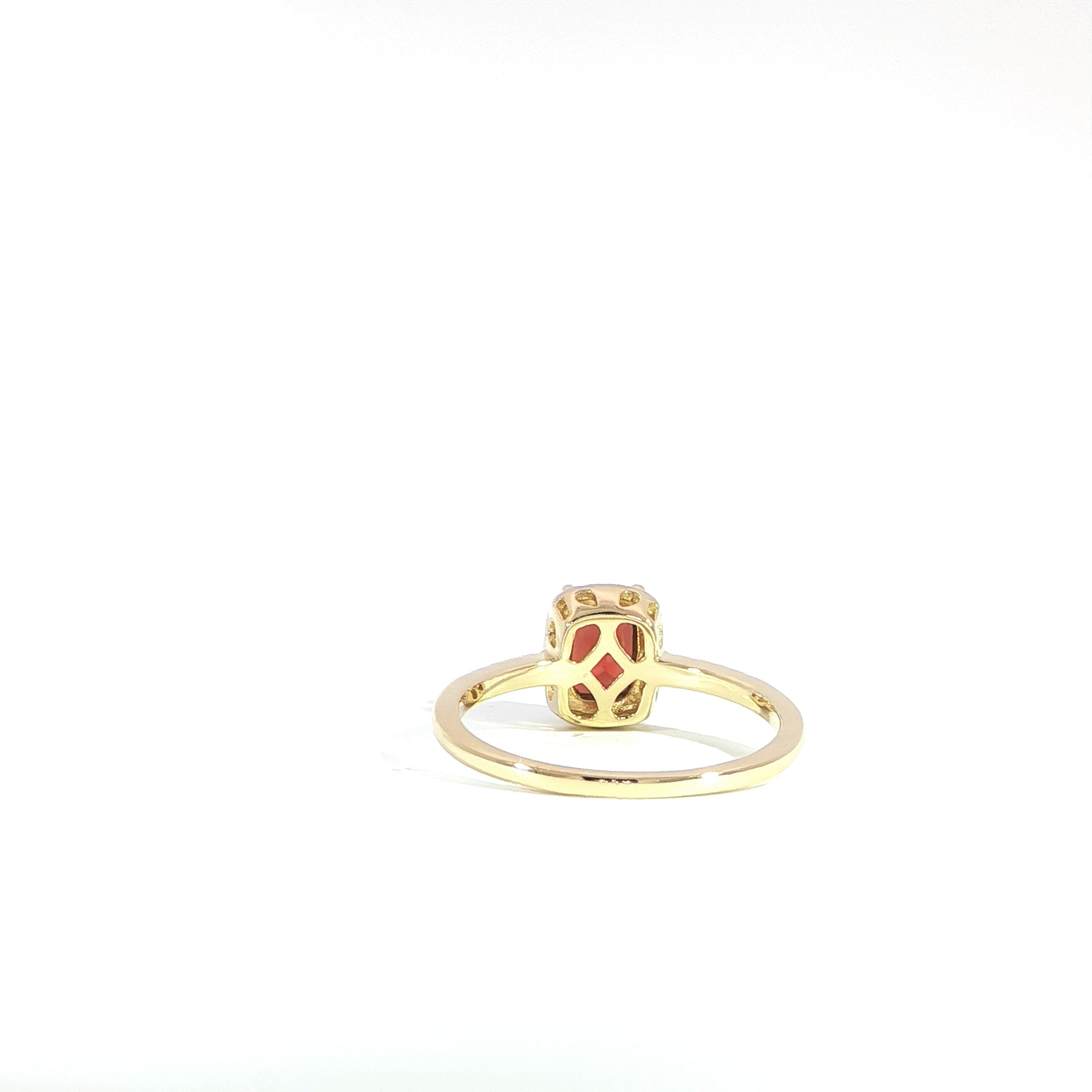 Back view of natural garnet cushion cut ring