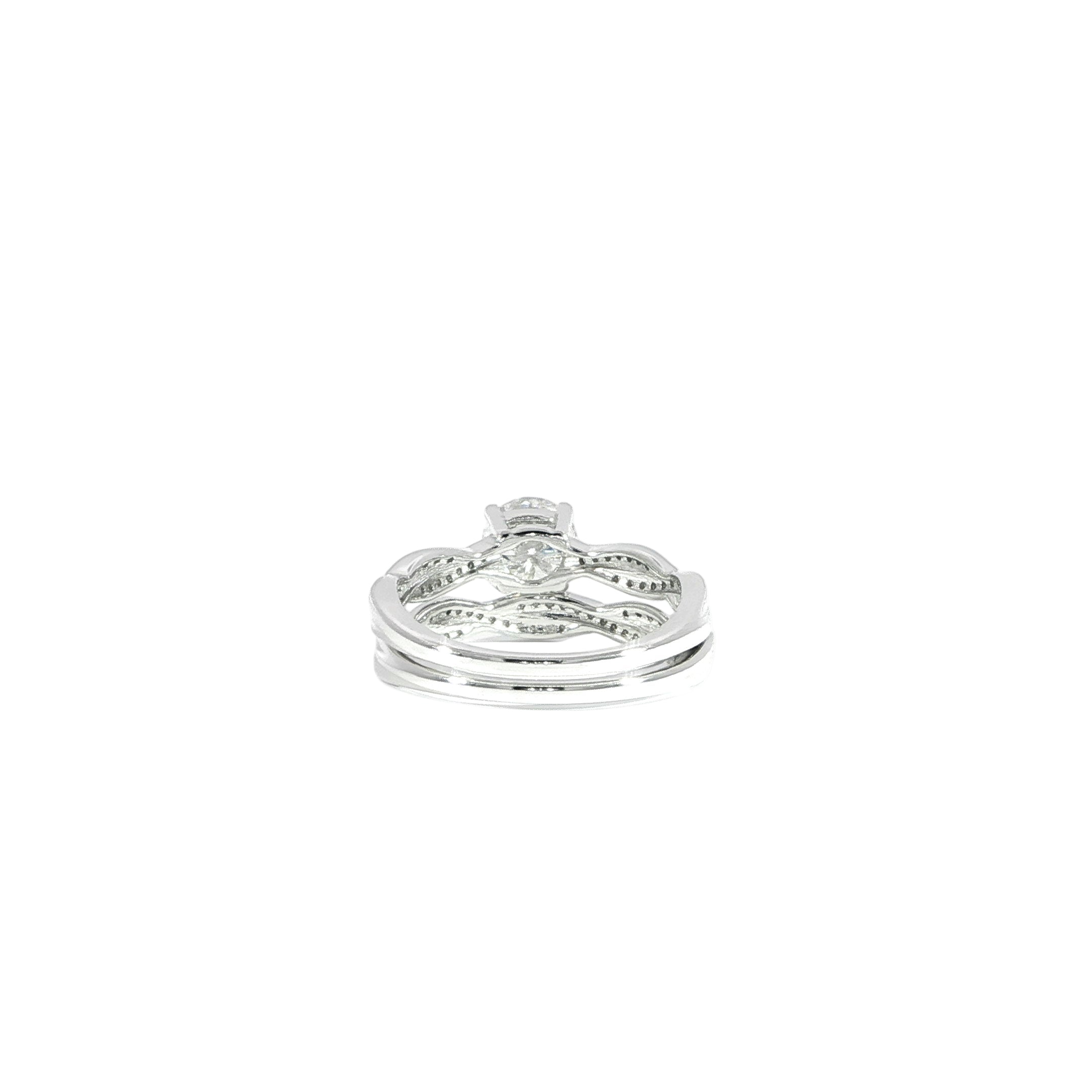 Silver engagement ring set with sparkling moissanite stones back view