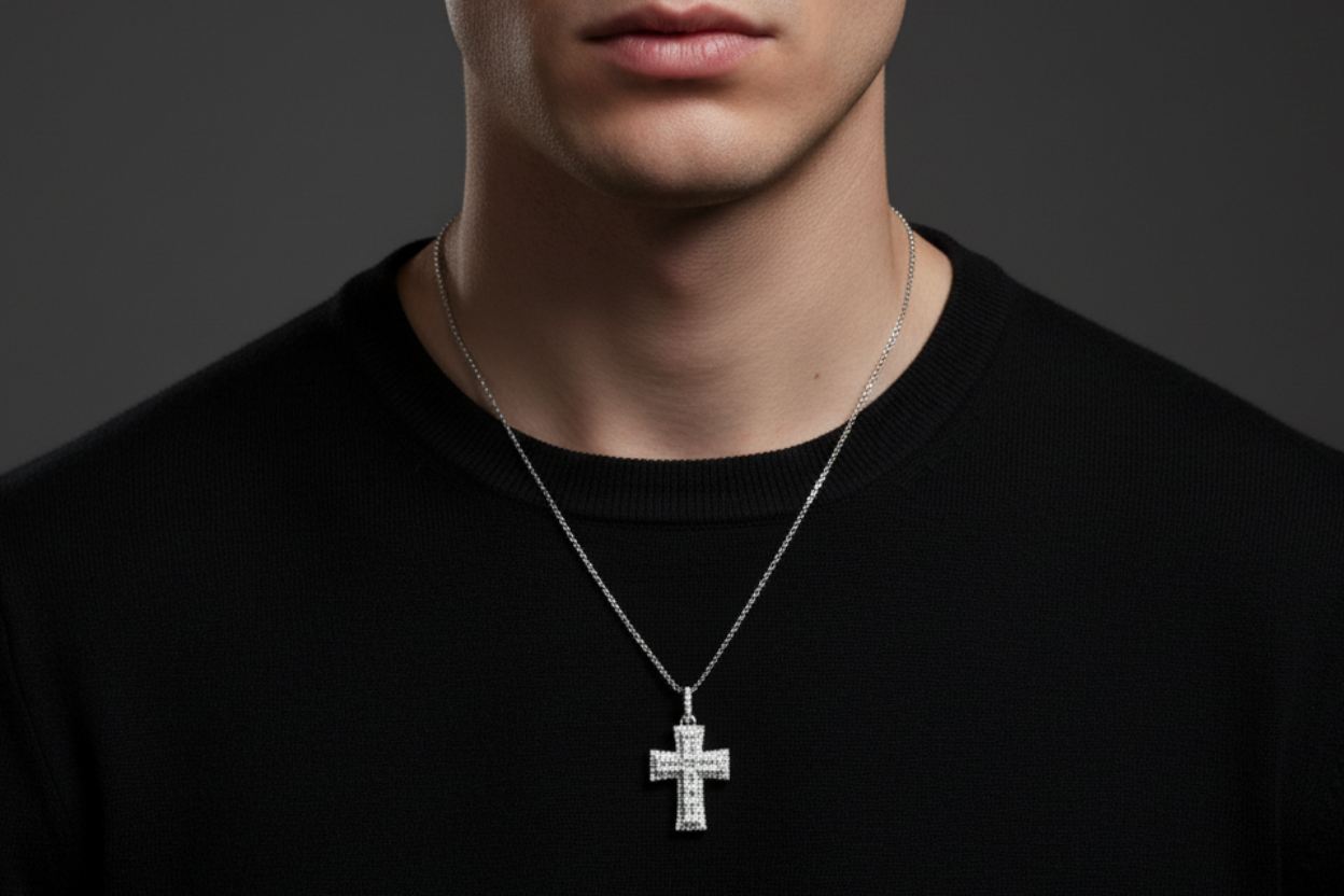 Sterling Silver Cross With Baguettes - VVS Moissanite