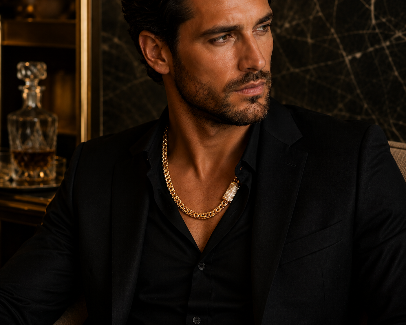 Model Wearing Statement 10K gold chain with woven Byzantine-inspired design