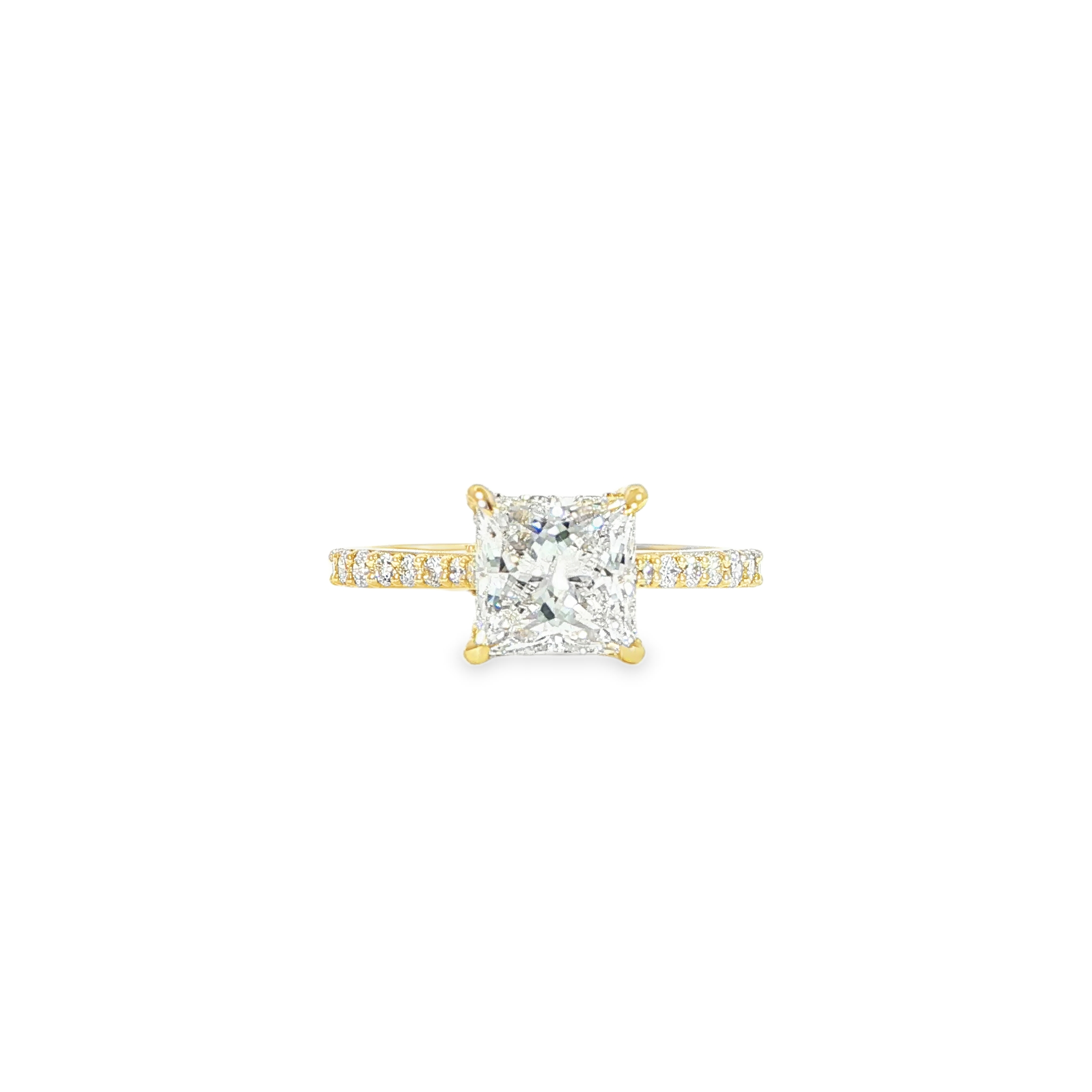 Princess cut 2 carat diamond ring with hidden halo in 14K gold front view