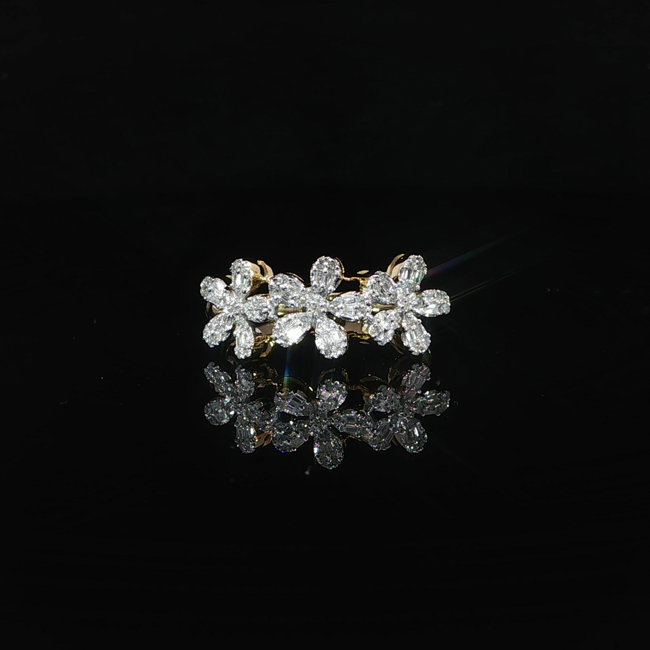 10K yellow gold natural diamond three-flower cluster statement ring with 0.24 CTW