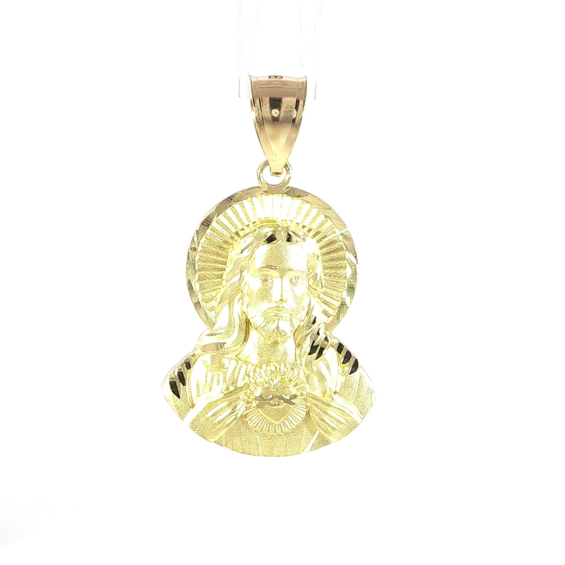 14K Yellow Gold Sacred Heart of Jesus Pendant with diamond-cut detailing