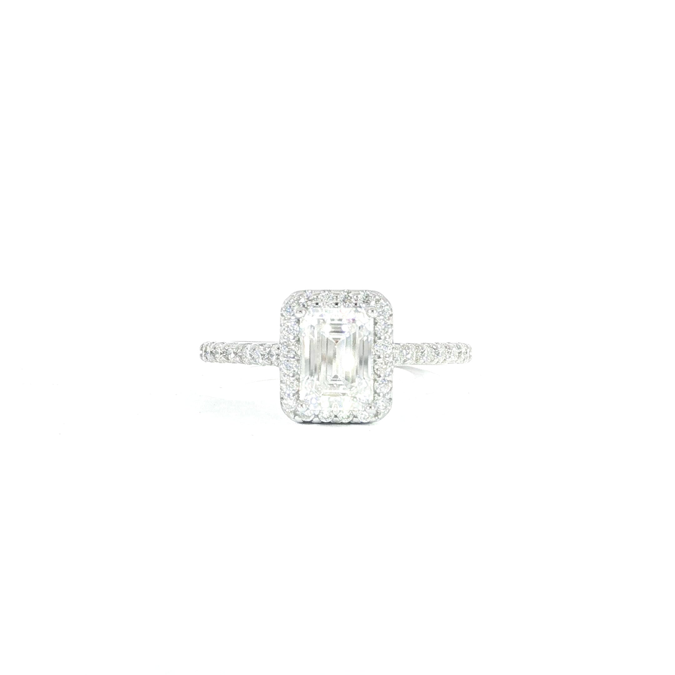 Sterling silver emerald cut halo ring moissanite