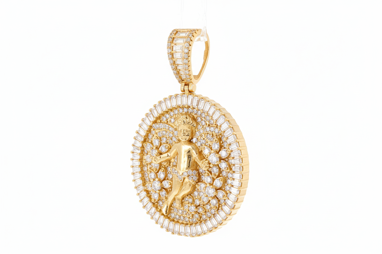 Floral-inspired sterling silver pendant with a sculpted cherub centerpiece.