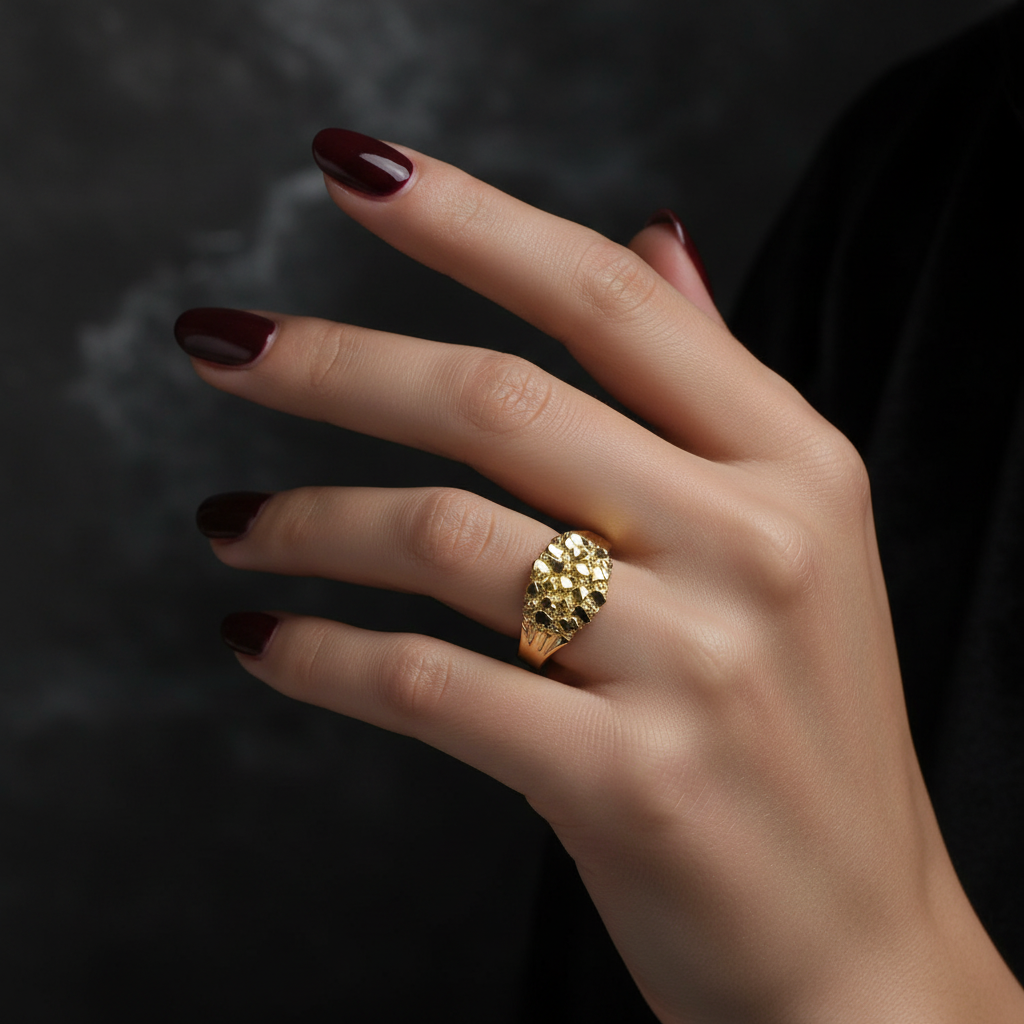 Hand model wearing 14K gold nugget ring