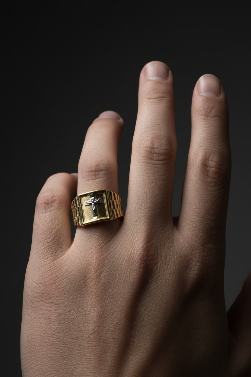 14K yellow gold crucifix ring with detailed cross centerpiece – 13MM