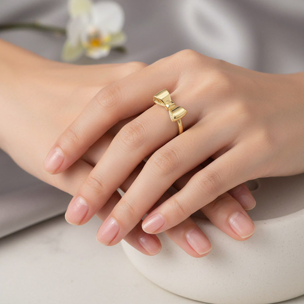 Dainty bow ring in yellow gold on hand model