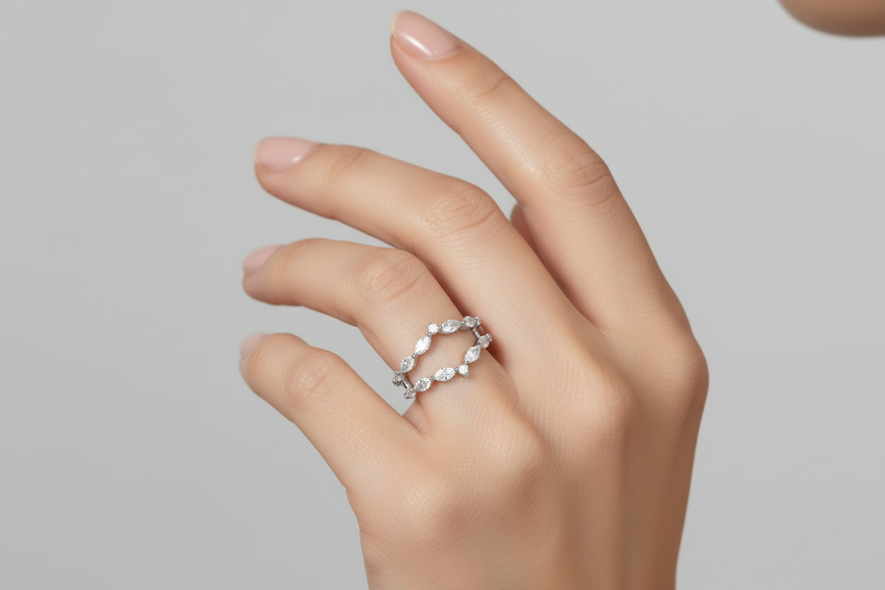 Modeling marquise diamond ring designed to wrap engagement ring