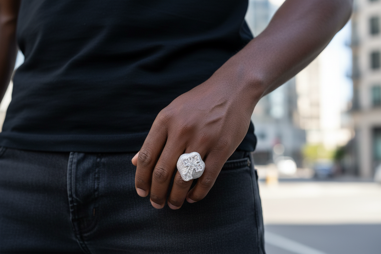 Model wearing iced out cross ring with baguette stones