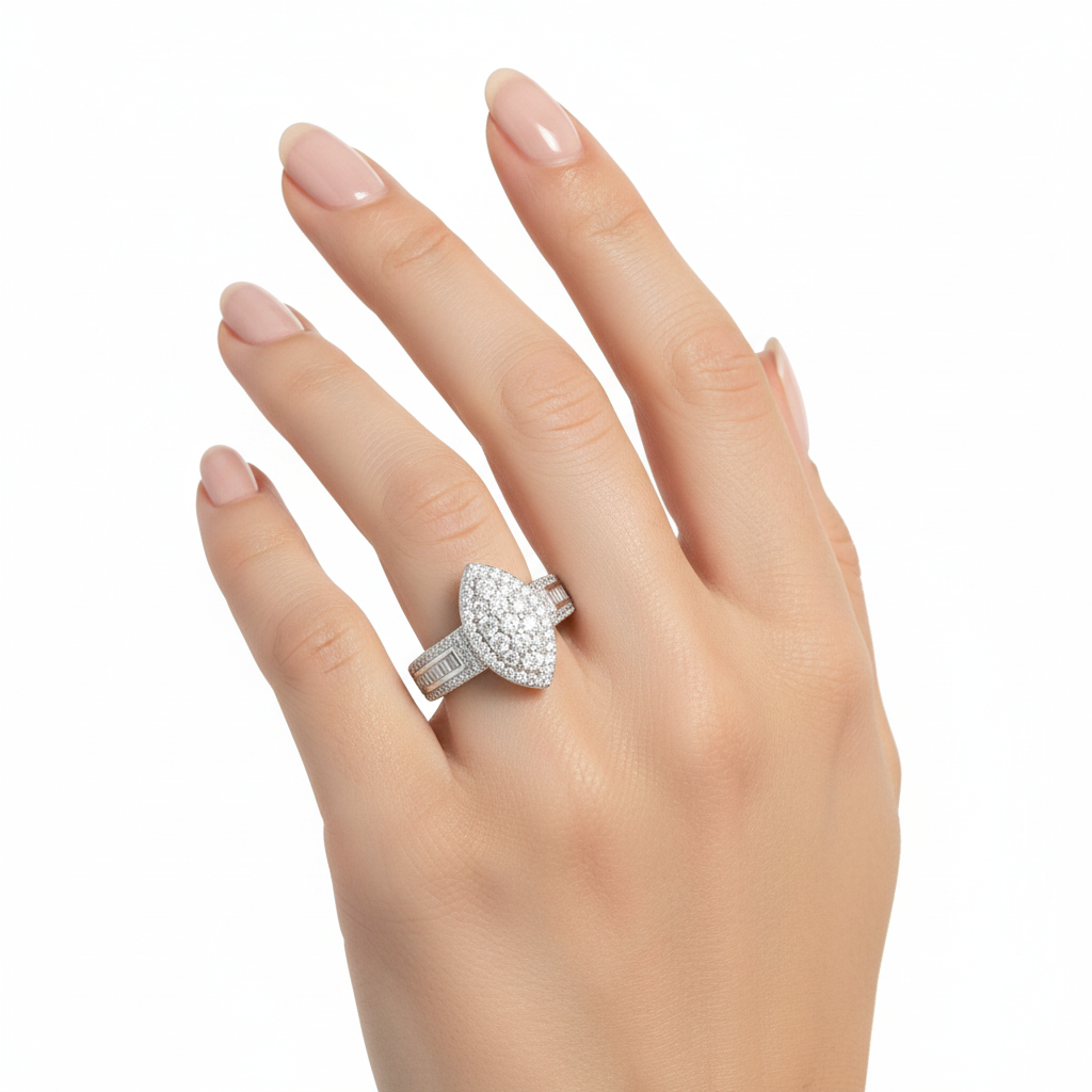 Model wearing marquise halo ring with baguette accents