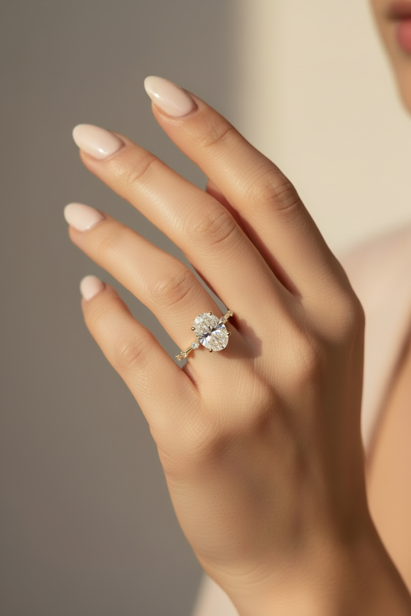 Model wearing modern oval engagement ring with 2.15 CTW diamonds