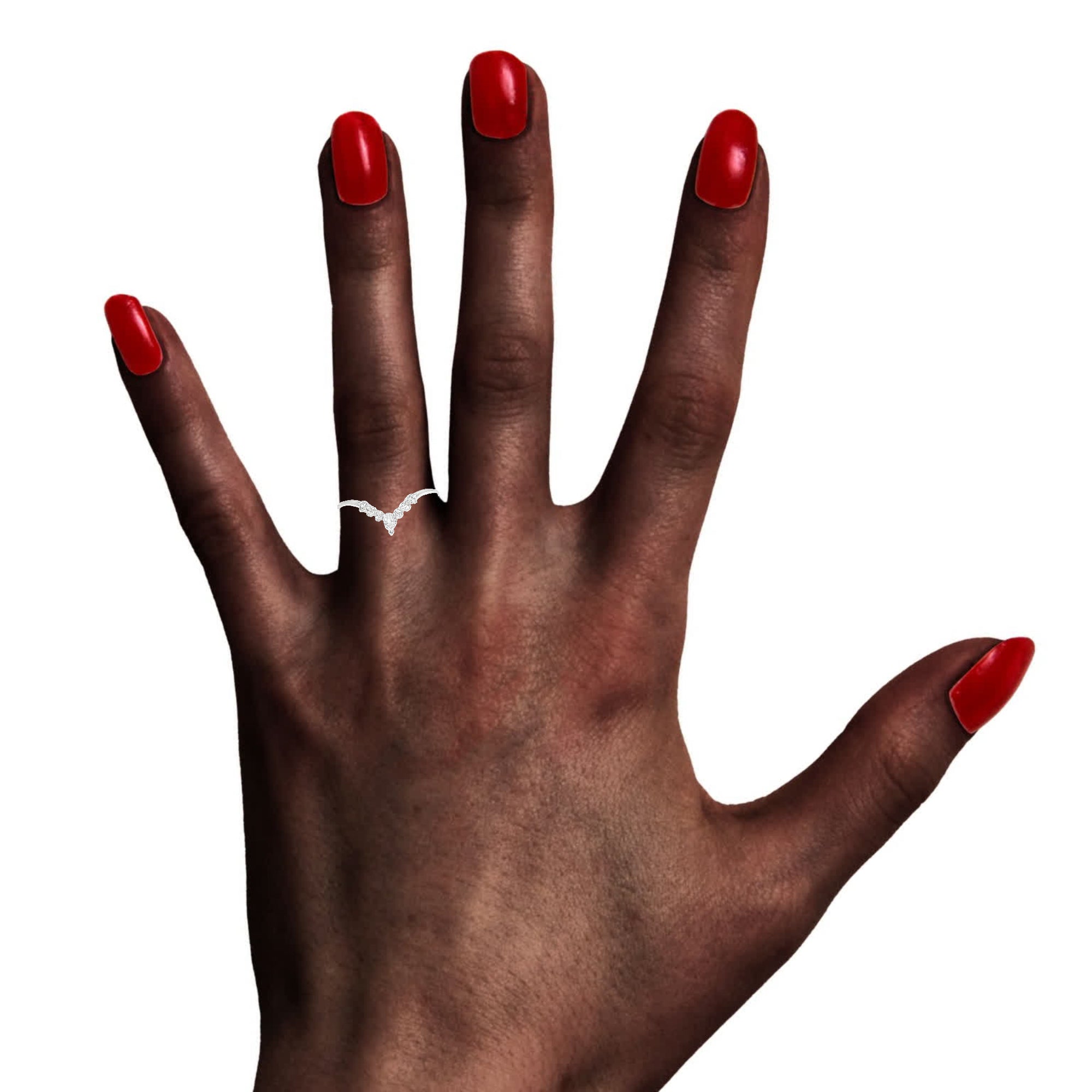 Hand model wearing V-shaped diamond band