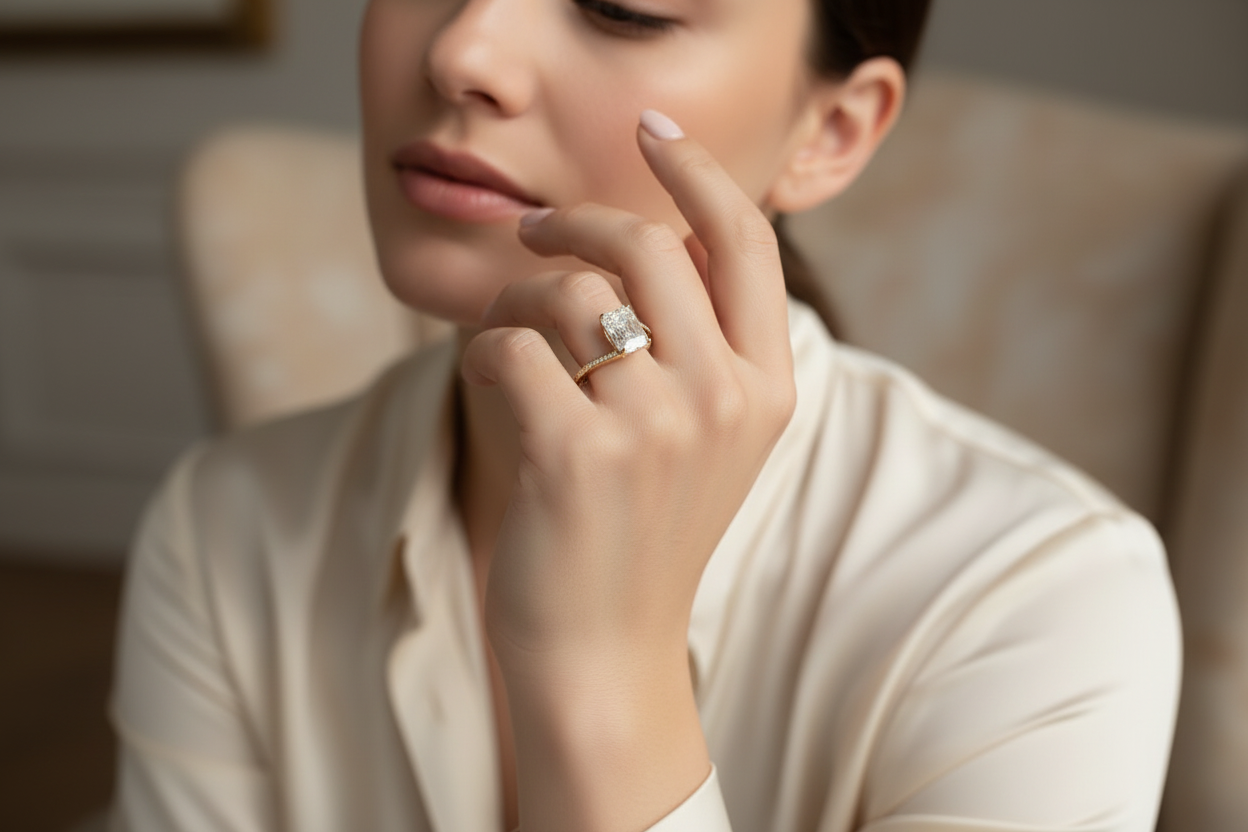 Model wearing radiant cut bypass style engagement ring with pavé diamonds