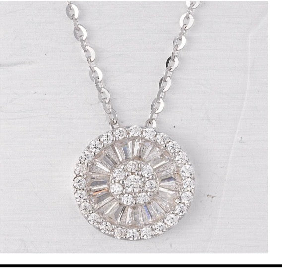 Round Baguette Halo Pendant Necklace