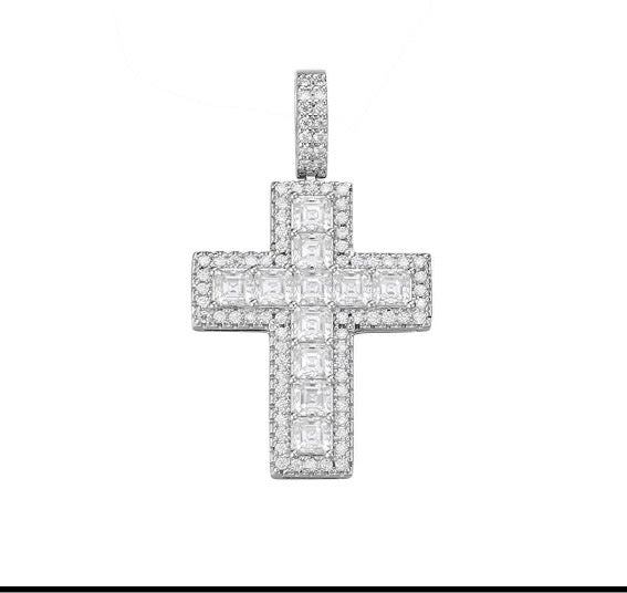 Silver Moissanite Cross Pendant with Chain