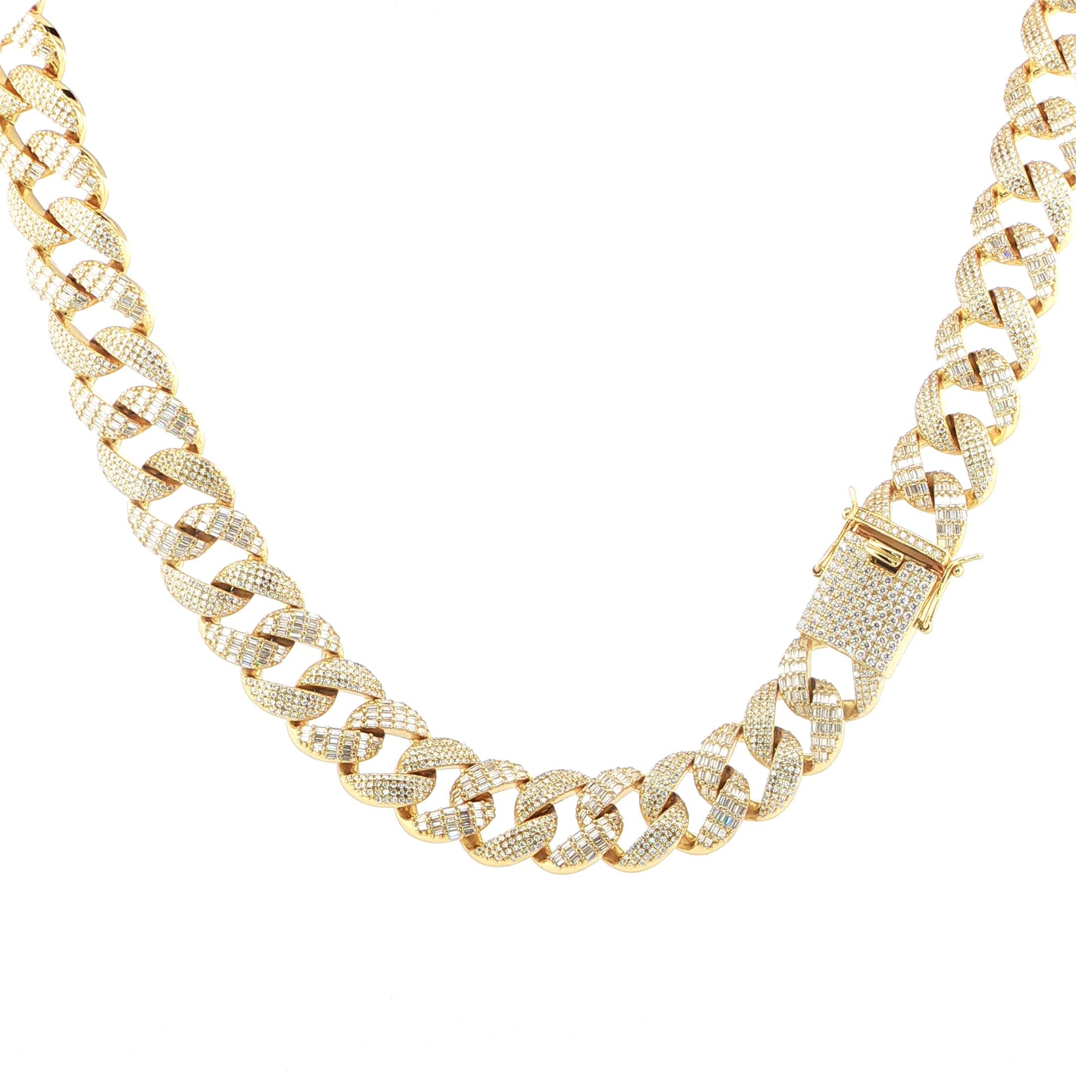 Sterling Silver Solid Miami Cuban Chain Necklace, 16mm, VVS Moissanite Stones, 42.21 Total Carats