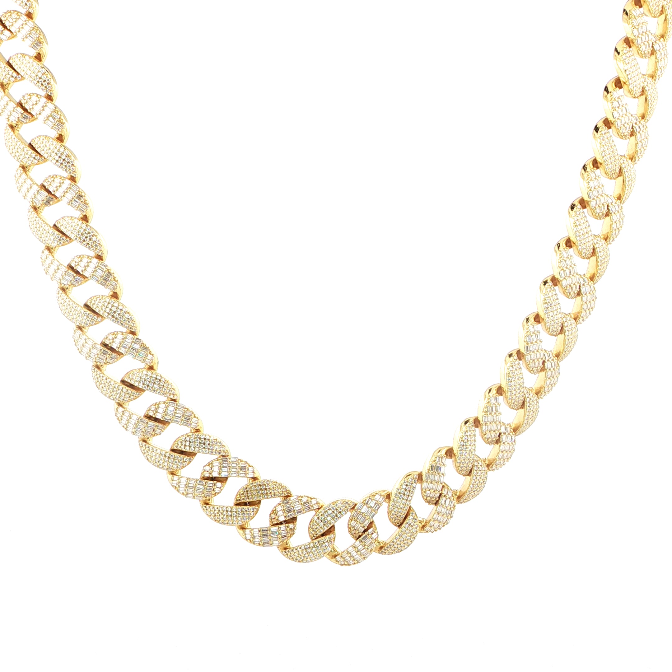 Sterling Silver Solid Miami Cuban Chain Necklace, 16mm, VVS Moissanite Stones, 42.21 Total Carats