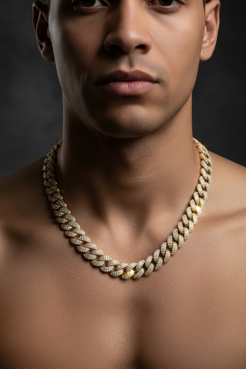 Sterling Silver Solid Miami Cuban Chain Necklace, 16mm, VVS Moissanite Stones, 42.21 Total Carats