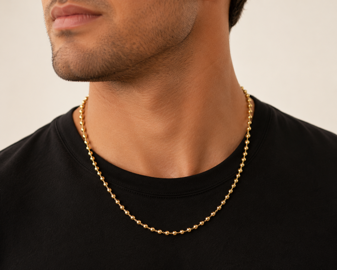Yellow Gold Beaded Station Necklace With Polished Diamond-Cut Beads