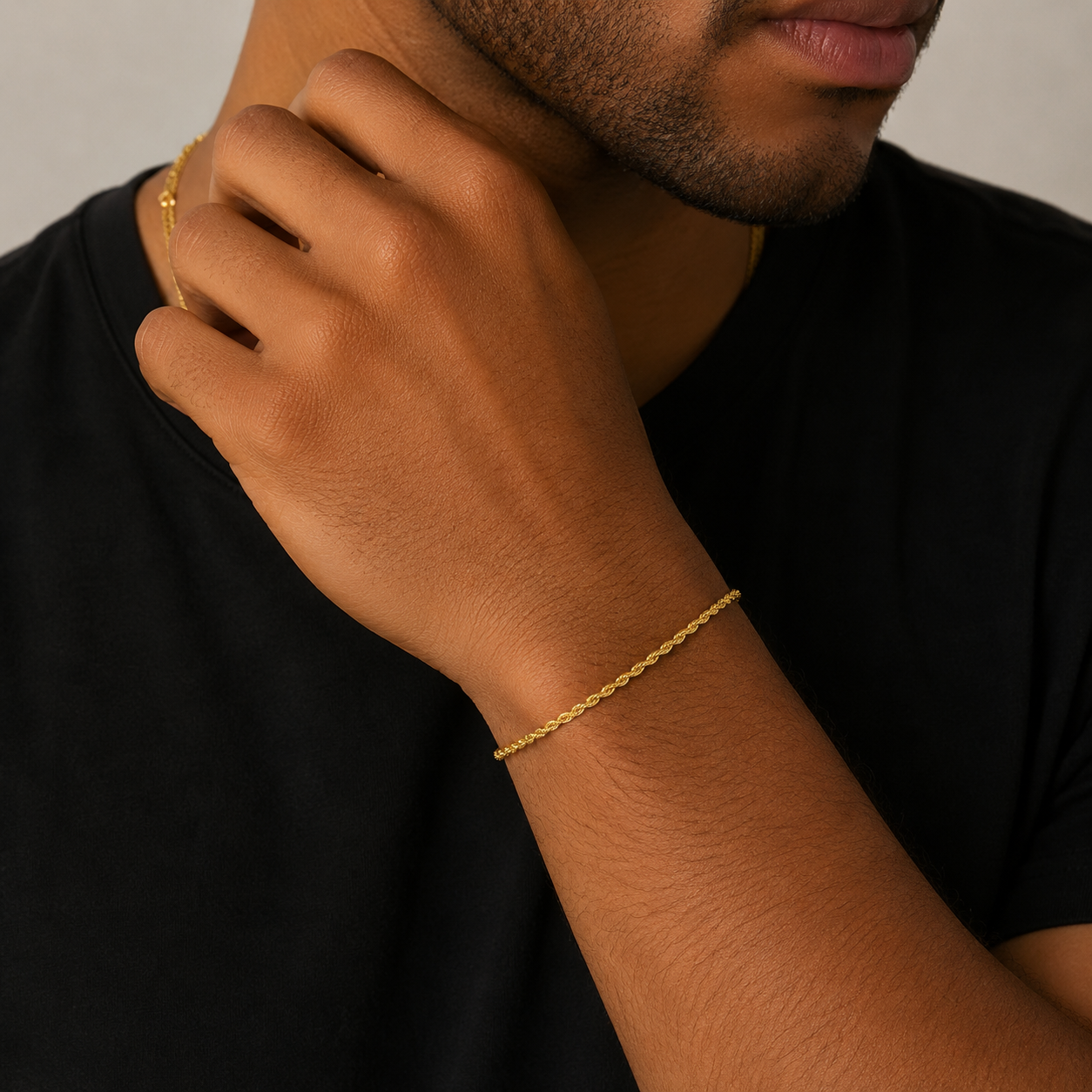 Model wearing 10K yellow gold rope