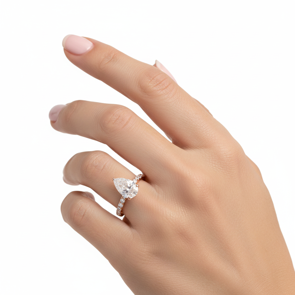14K gold engagement ring with pear-shaped diamond