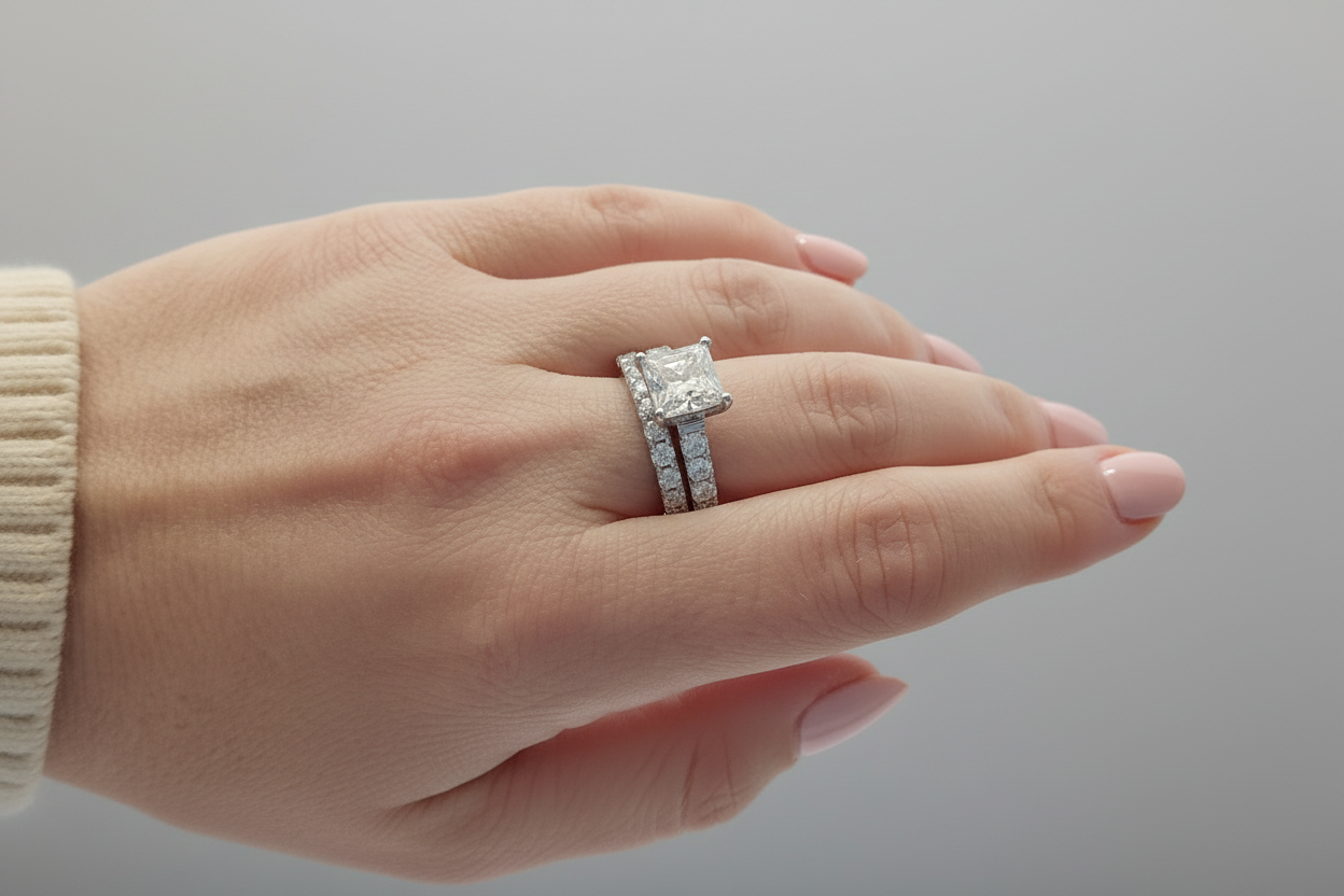 Model wearing 2CT princess moissanite engagement ring with band