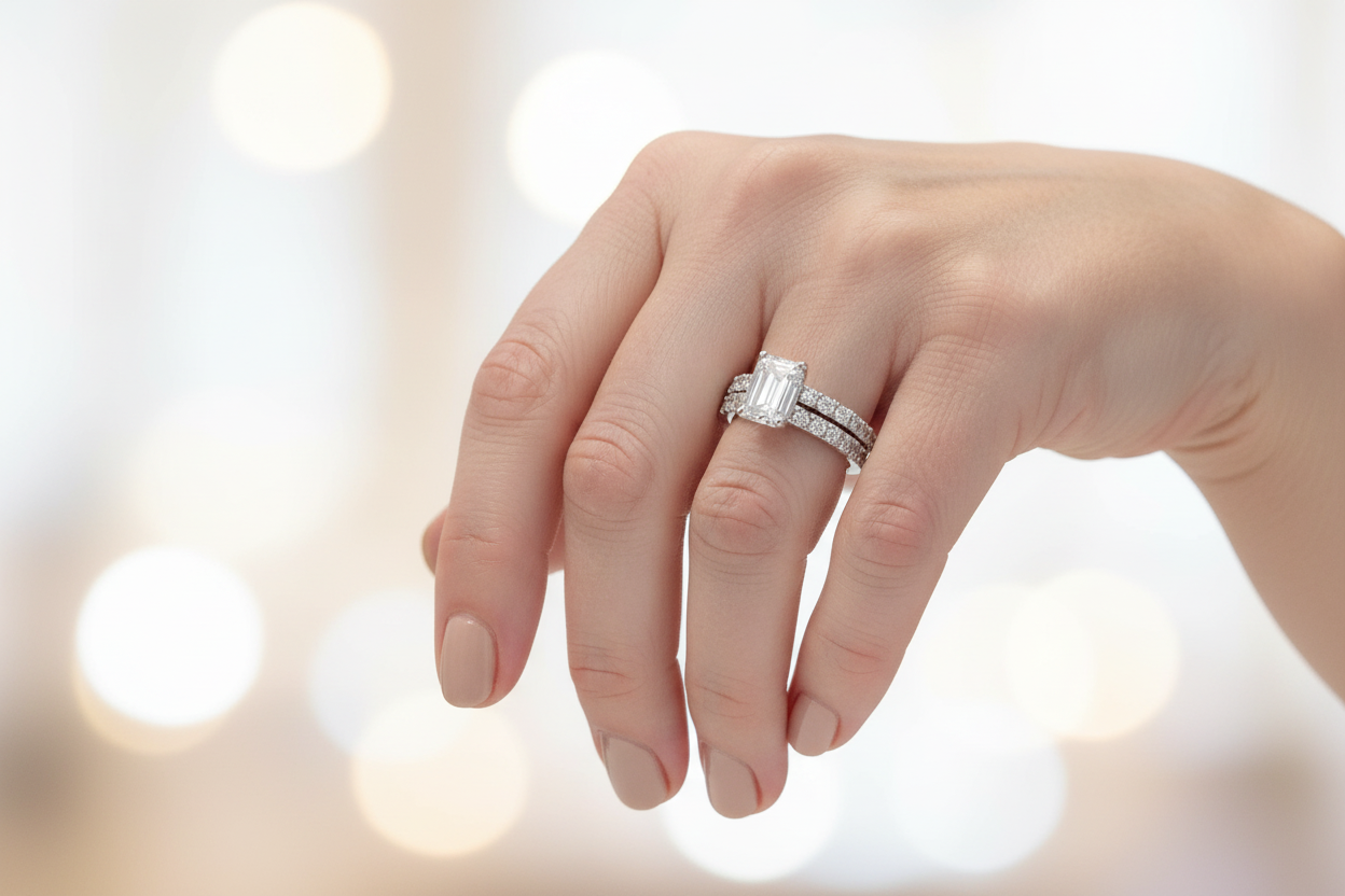 Model wearing sterling silver emerald cut moissanite ring set