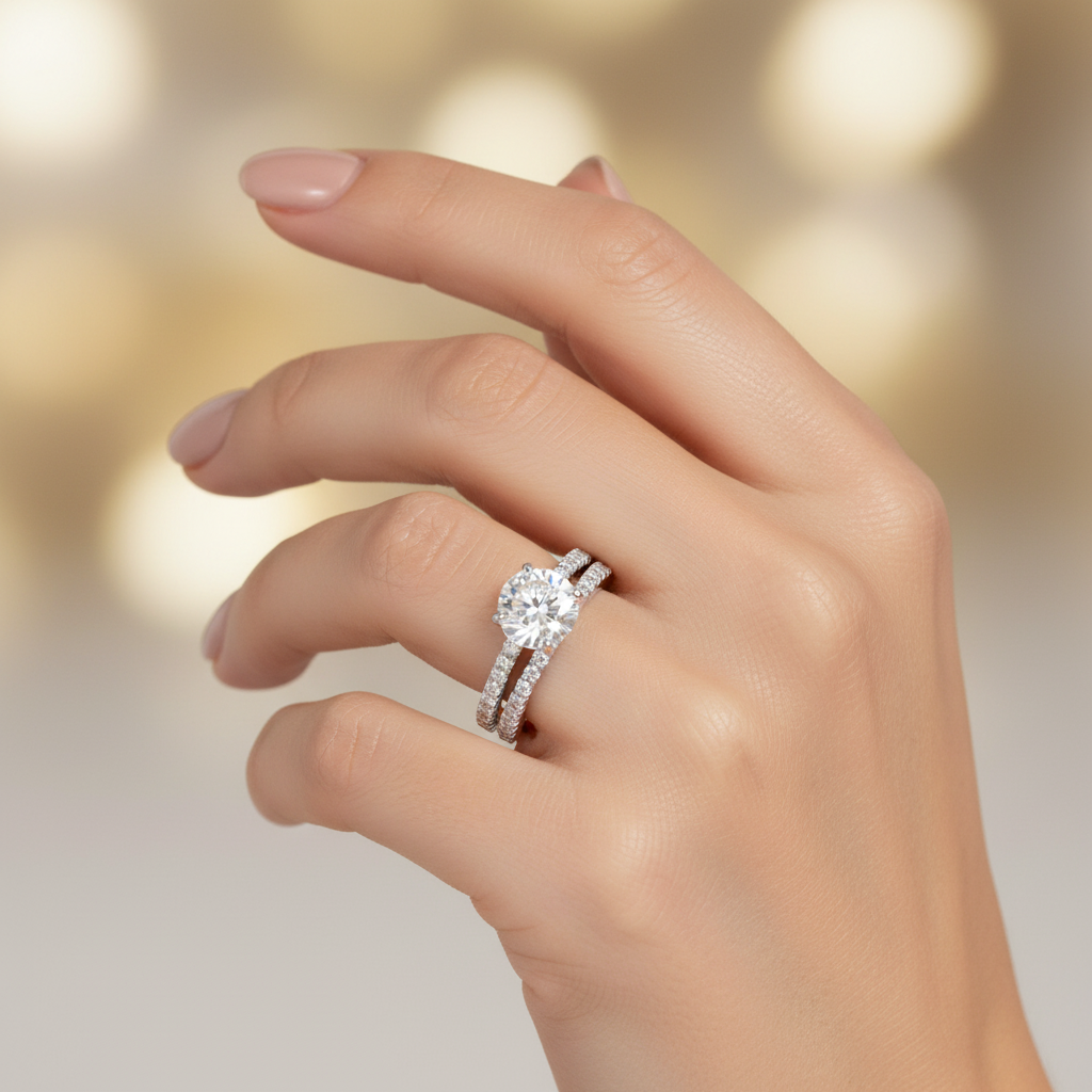 Sterling silver round solitaire moissanite bridal set with pavé bands and 2 CT center stone