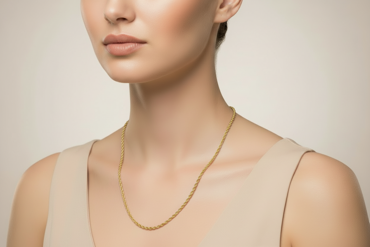Model Wearing 10K Yellow Gold Diamond-Cut Rope Chain 3.6MM