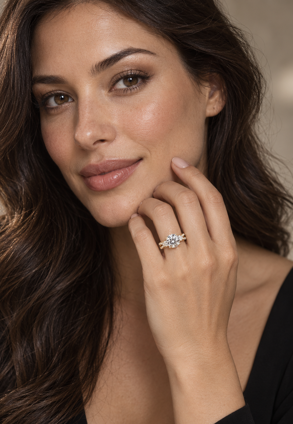 Model wearing round 2 carat lab diamond ring with split shank and side stones