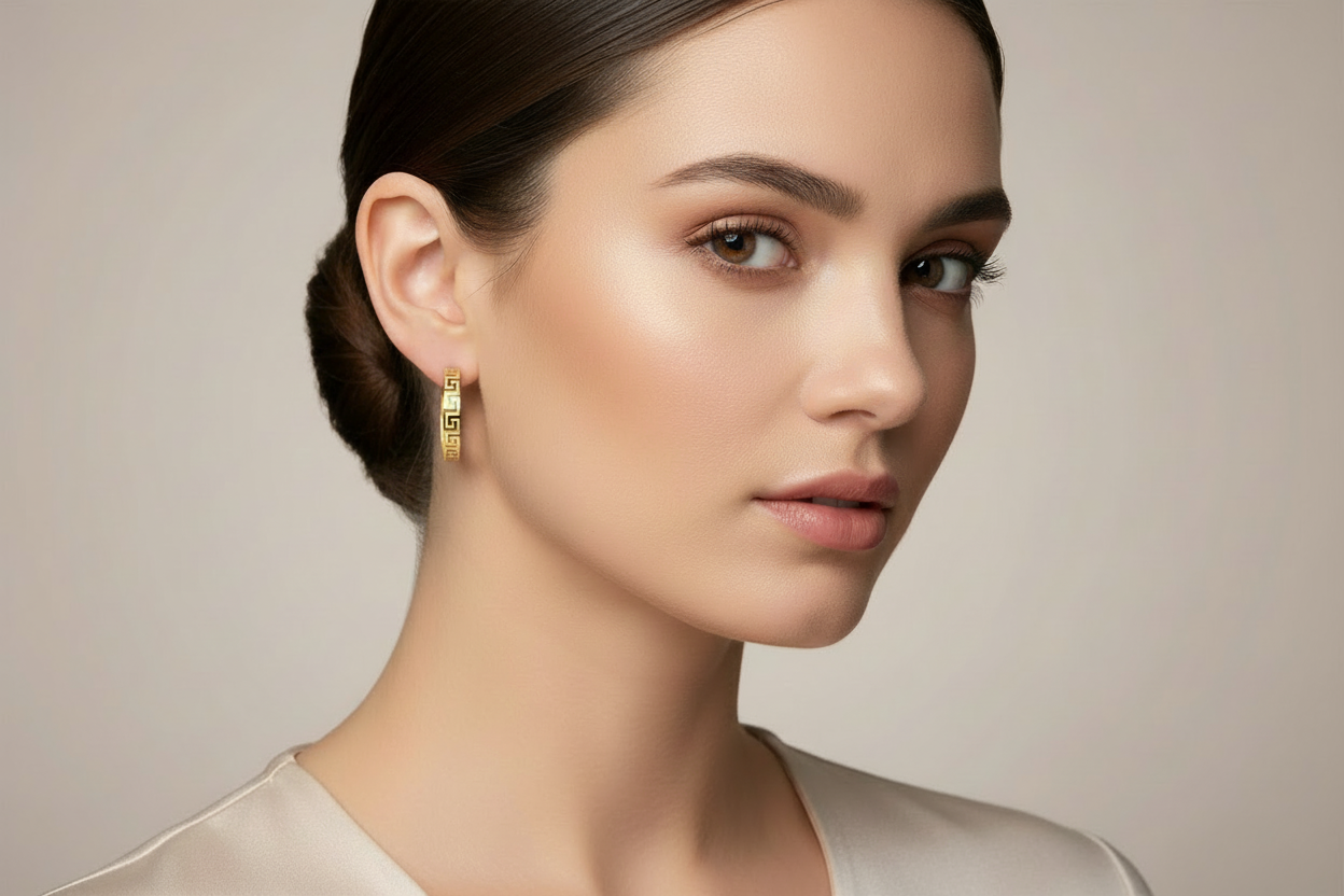 10K yellow gold oval hoop earrings featuring a classic Greek Key design.