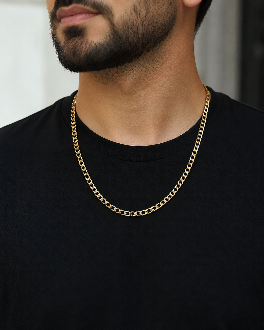 Model Wearing 14K Yellow Gold 4.5MM Curb Chain Necklace