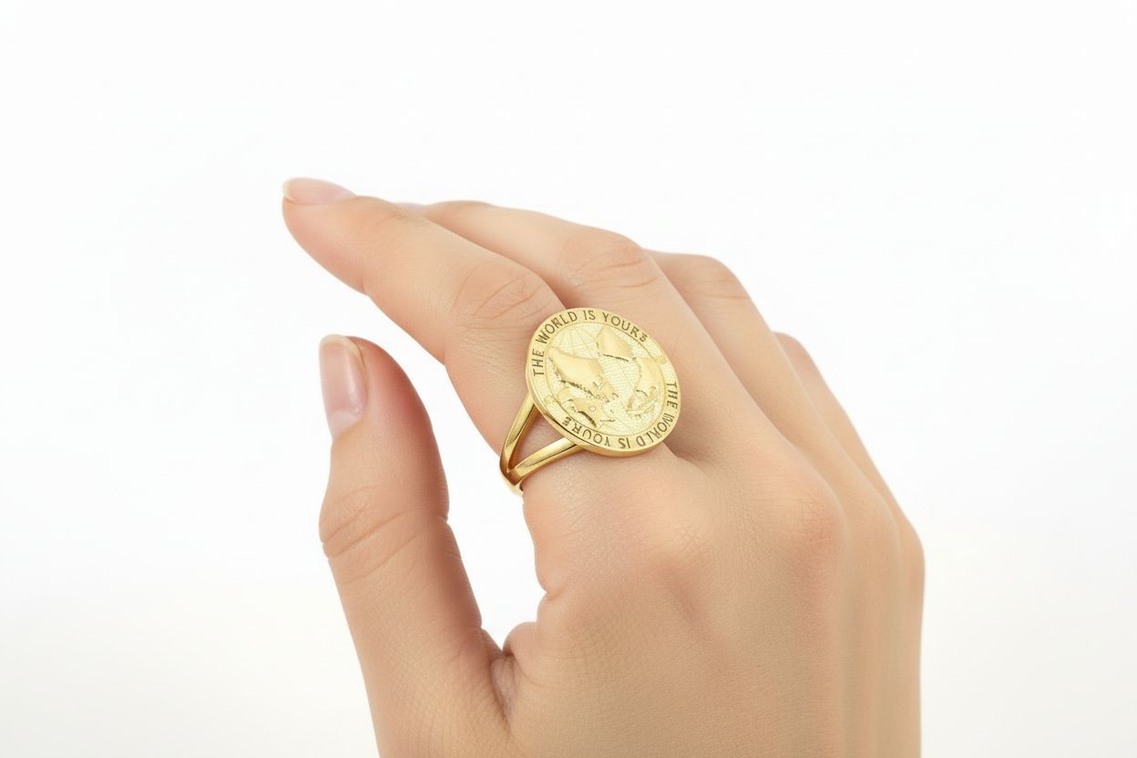 Model wearing gold coin ring engraved world is yours