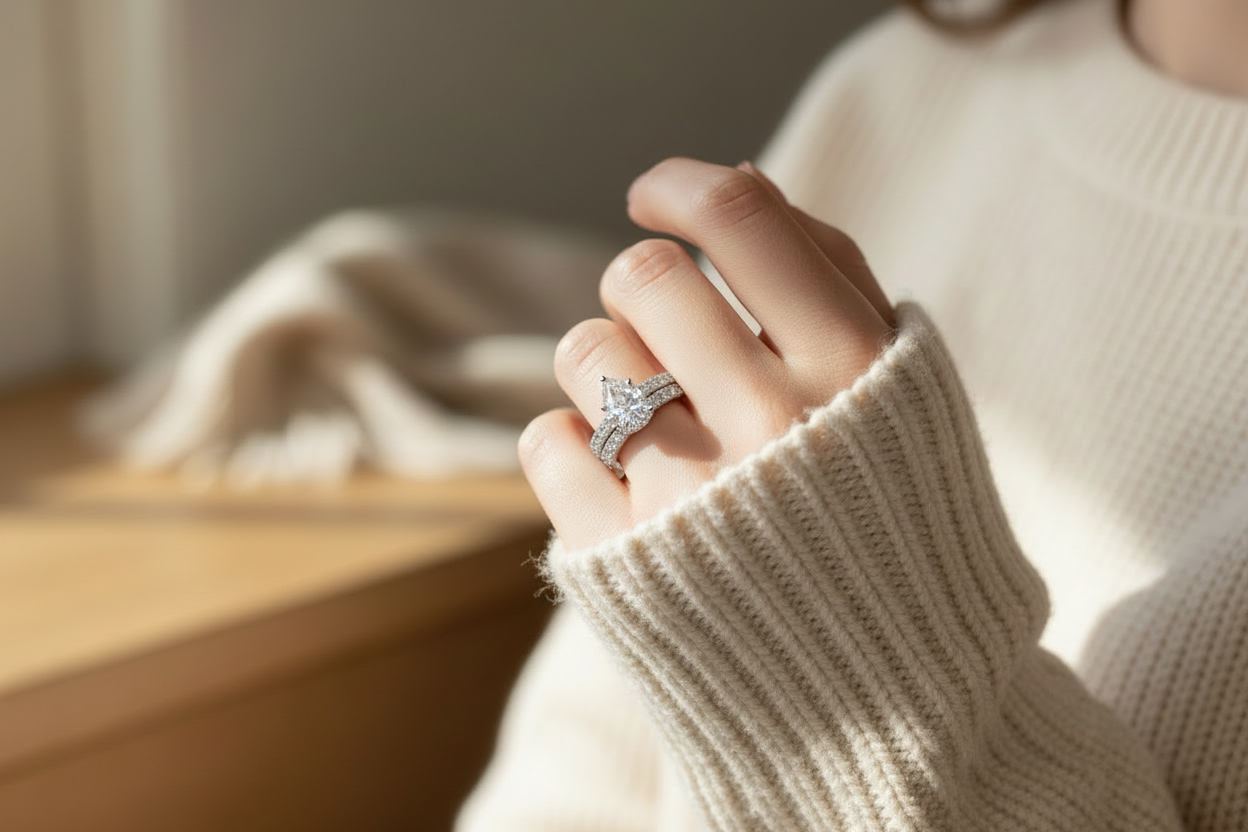 Model wearing 2CT pear moissanite ring with matching band