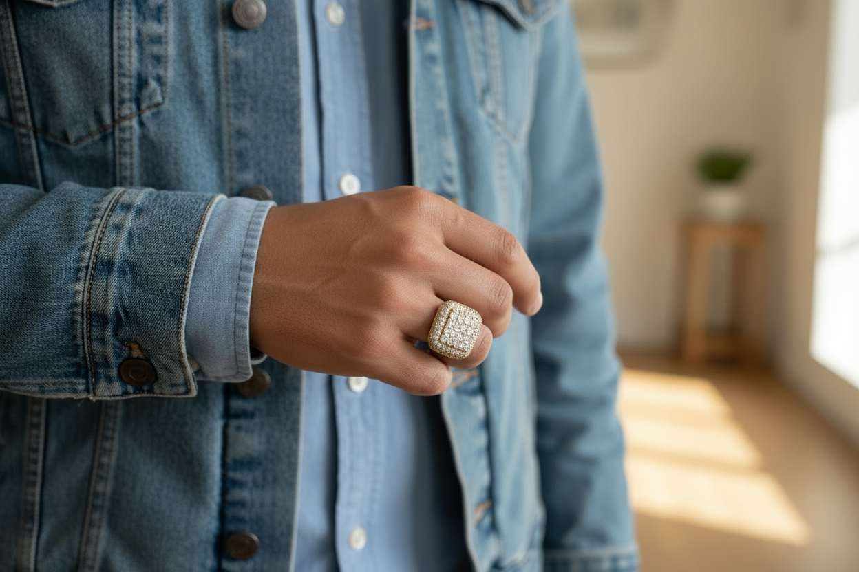 Model wearing square cluster moissanite ring in 925 sterling silver