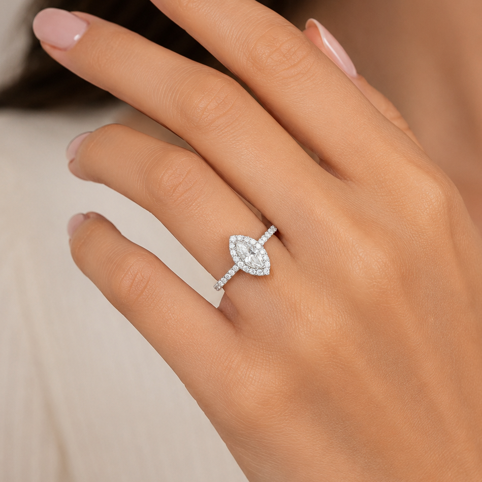 925 sterling silver marquise halo moissanite ring with sparkling pave band