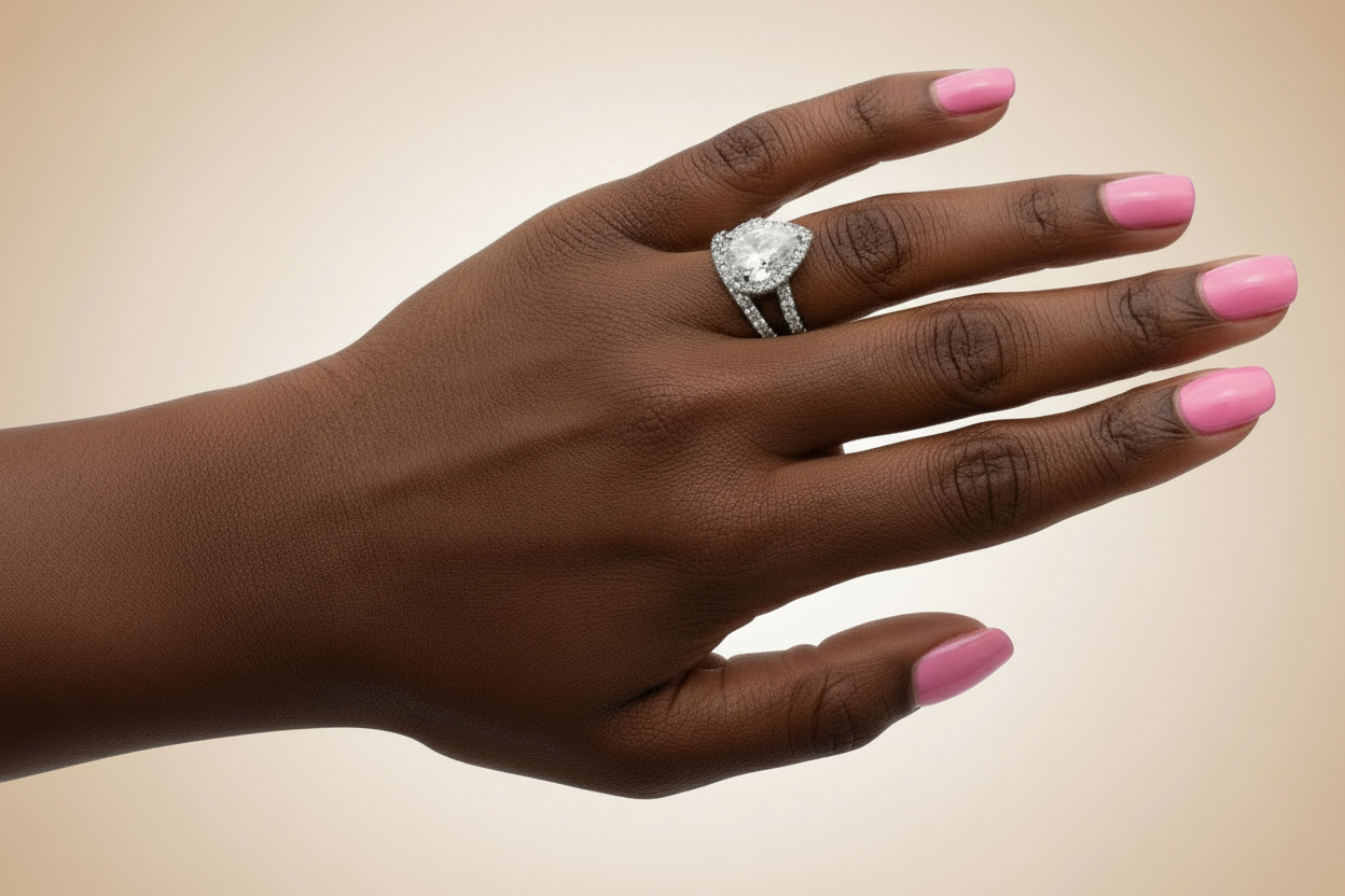 Model wearing pear-shaped moissanite bridal set with halo and pave band