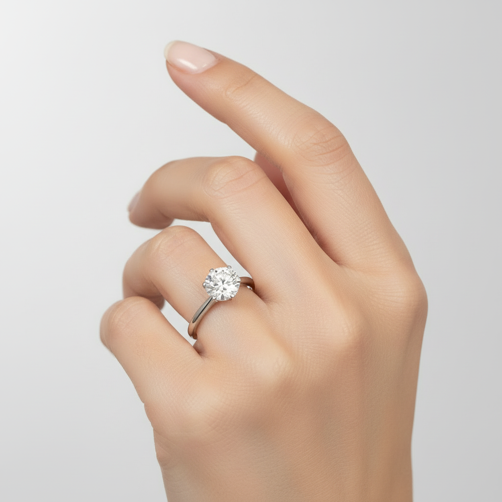 Model wearing 14K gold engagement ring featuring a 1.50CT round lab-grown diamond