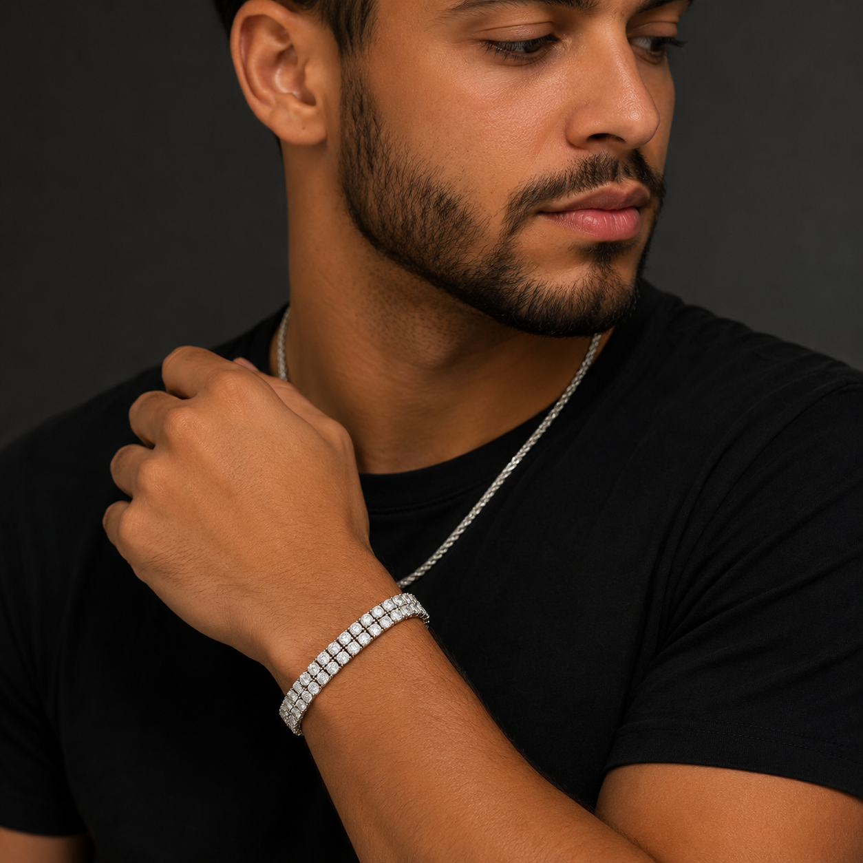 Men's sterling silver double row tennis bracelet with VVS moissanite